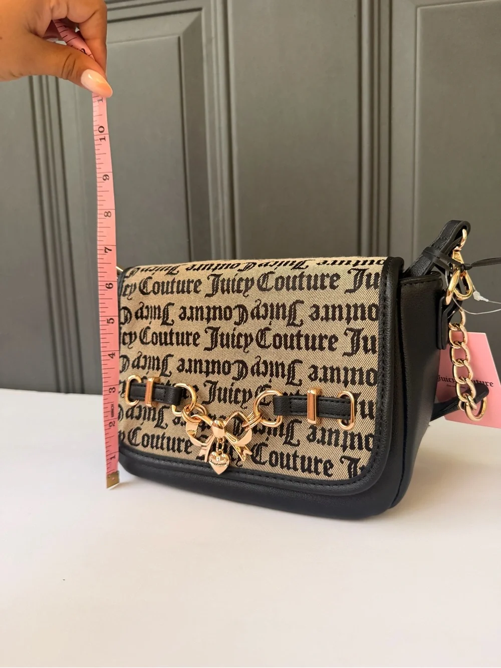 Juicy Couture Black & Beige Logo Canvas Shoulder Bag with Gold Hardware